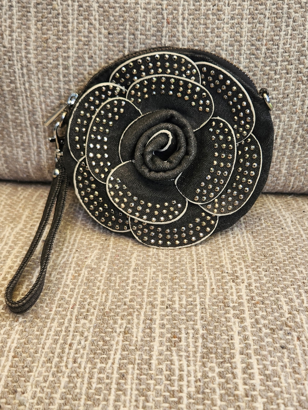 Womens, Black Floral Studded Wristlet Clutch